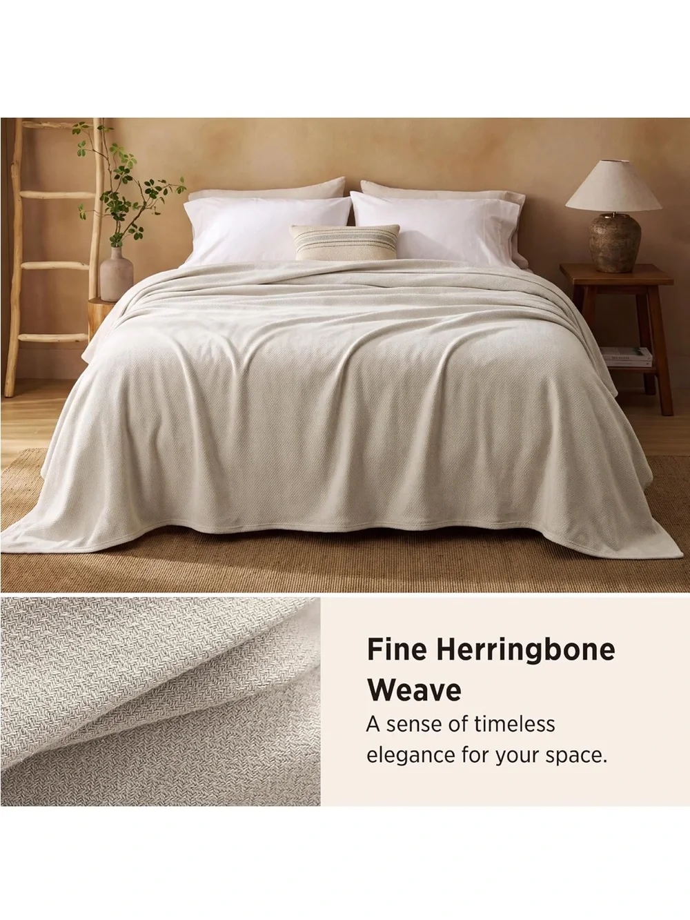 NEW Bedsure 100% Cotton Blanket, Herringbone Weave, Twin-XL, Linen Beige